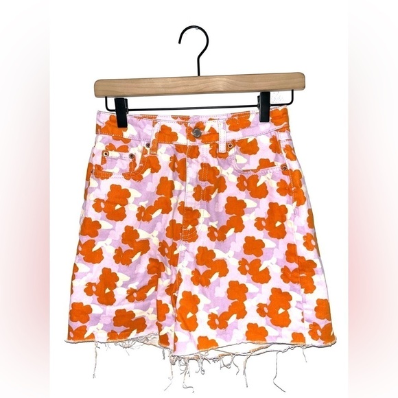 ZARA The 90’s Short Poppy Orange Cotton Flower Print High Waisted in Size 2 - Picture 6 of 9